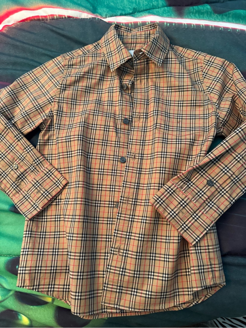 Boys Burberry Tan Plaid Button-Down Shirt with Black & Red Accents